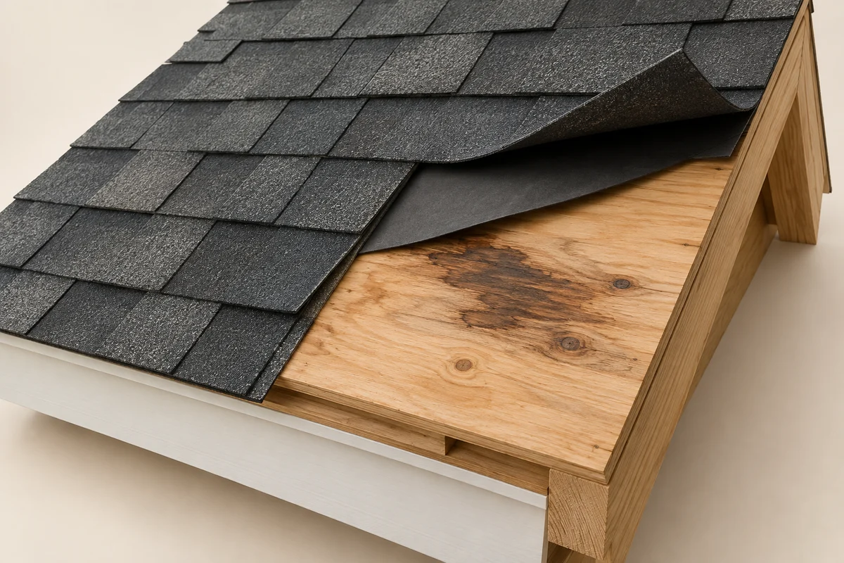 Conceptual roof cutaway revealing a condition in the wood beneath the covering