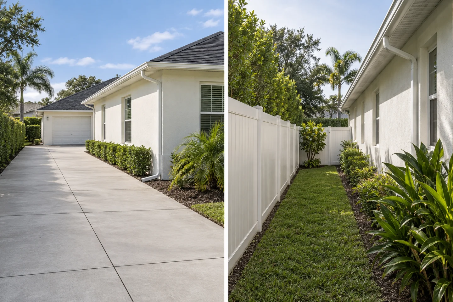 Illustrative comparison of a clear driveway and a narrow side yard beside Florida homes